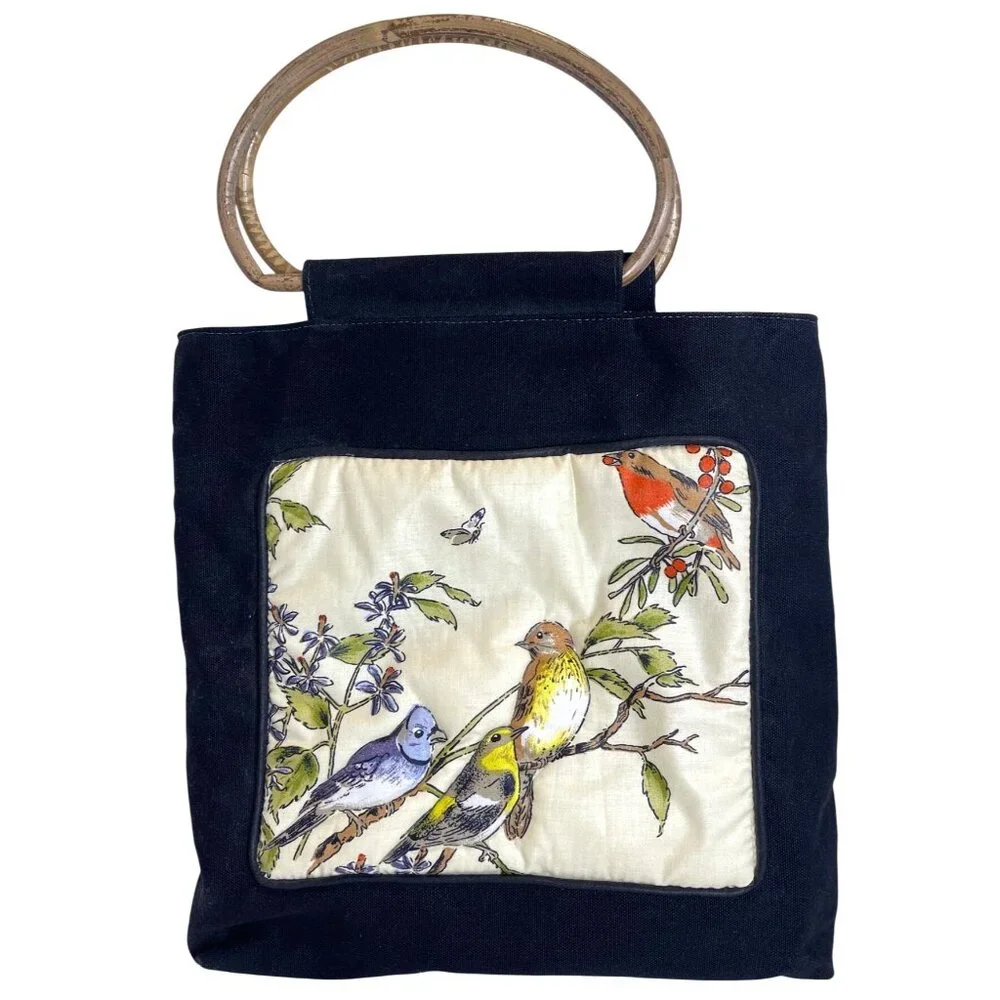 Quilted Bird Tote Bag Purse Lined Black Fabric Handbag Pocket Blue Jay Vintage - Picture 12 of 12